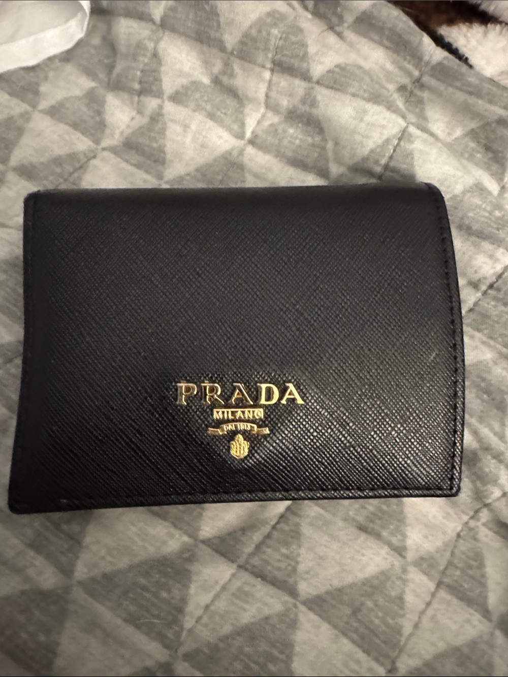 Prada copy Black Saffiano Leather Card Holder with Gold Logo